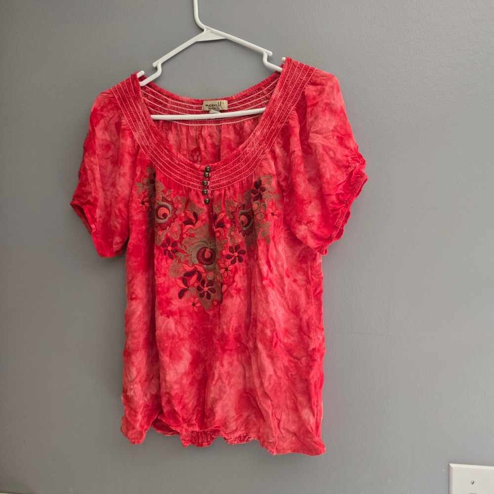 One‎ World Live and Let Live Red Tie Dye Floral Embroidered Boho Blouse Large